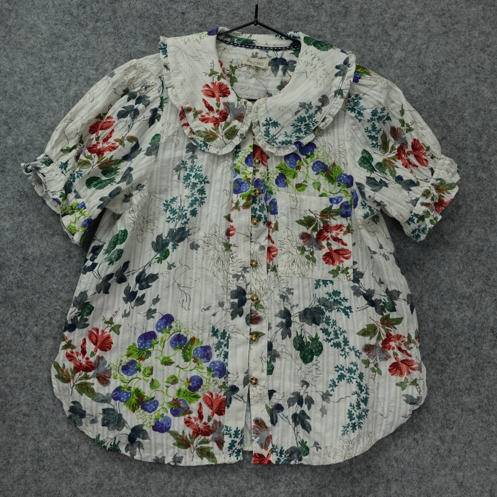 Floral Ruffle Peter Pan Collar Cotton Blouse XS Puff Sleeve Cottagecore Pilcro